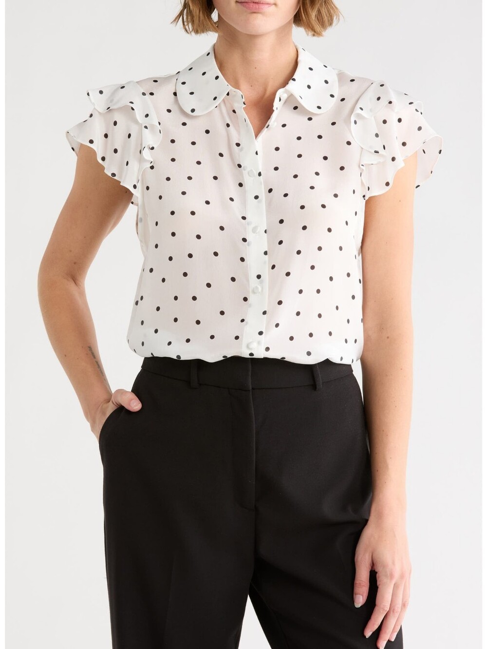 Alice + Olivia Ziggy Ruffle Sleeve Stretch Silk Button-Up Top
